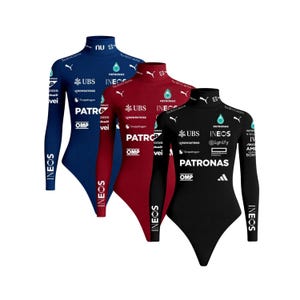 May include: Three long-sleeve mock neck bodysuits in blue, red, and black. Each garment features white sponsor logos including Petronas, Ineos, UBS, and Puma. The designs display various corporate branding elements printed across the chest and sleeves.