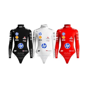 May include: Three long-sleeve mock neck bodysuits in black, white, and red. Each features sponsor logos including HP, IBM, Shell, and Richard Mille, along with driver numbers 44 or 16 and national flags printed on the chest and sleeves.