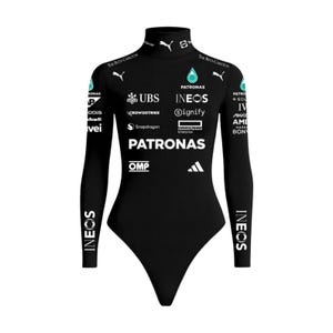 May include: A black long-sleeve bodysuit with a mock neck, featuring white sponsor logos including Petronas, UBS, Ineos, Crowdstrike, Signify, Snapdragon, Hewlett Packard Enterprise, OMP, and Adidas, along with the Ritz-Carlton and Puma branding.