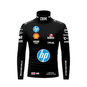 May include: Black long-sleeved turtleneck shirt with sponsor logos including HP, Shell, and IBM. The shirt features the number 44 and the name "LEWIS HAMILTON". The sleeves have "RICHARD MILLE" printed vertically.