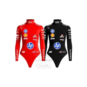May include: Two long-sleeve mock neck bodysuits, one red and one black, featuring various sponsor logos including IBM, HP, Shell, ZYN, UniCredit, Ceva, DXC, and Richard Mille, along with the number 44 and a British flag with the name Lewis printed on the front.