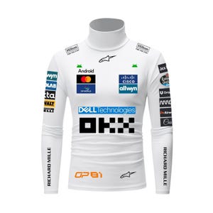 May include: White long-sleeve turtleneck shirt with multiple sponsor logos, including "Android," "Cisco," and "Dell Technologies." The shirt also features the text "OKX" and "Richard Mille." The shirt has a sleek, modern design.