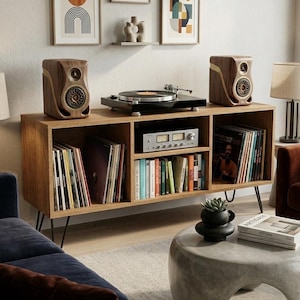 May include: A wooden entertainment center with a record player, speakers, and a collection of vinyl records. The speakers have a unique design with a circular speaker grill. Artwork hangs on the wall above the entertainment center.