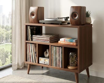 Mid Century Record Player Table with Vinyl Storage | Wooden Turntable Stand Retro LP Cabinet for Living Room Decor