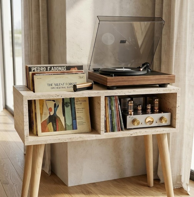 May include: A light-colored stone console table with four wooden legs, featuring a walnut-finish record player on top. The unit has two open shelves holding vinyl records, a cleaning brush, and a silver-toned vacuum tube amplifier with gold knobs.