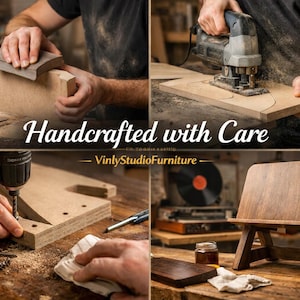 May include: A wooden book stand shown in various stages of production, including sanding, cutting with a jigsaw, and drilling holes. The final product is a dark brown, angled wooden stand. The text reads Handcrafted with Care VinlyStudioFurniture.