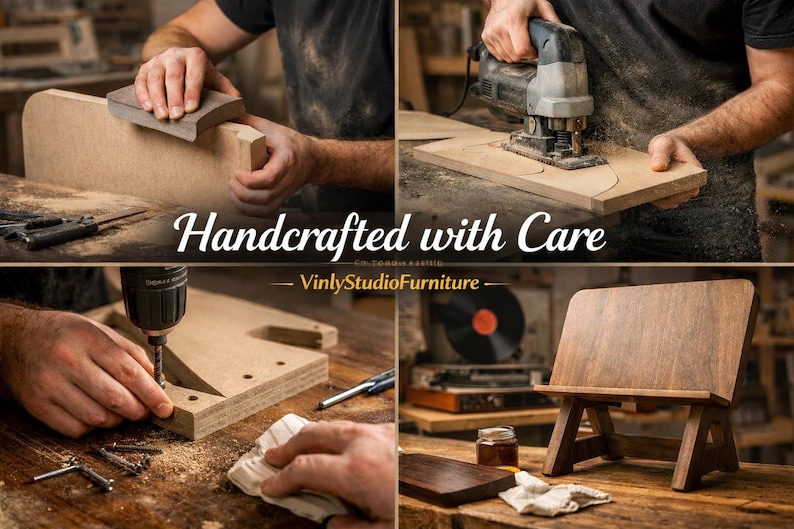 May include: A wooden book stand shown in various stages of production, including sanding, cutting with a jigsaw, and drilling holes. The final product is a dark brown, angled wooden stand. The text reads Handcrafted with Care VinlyStudioFurniture.