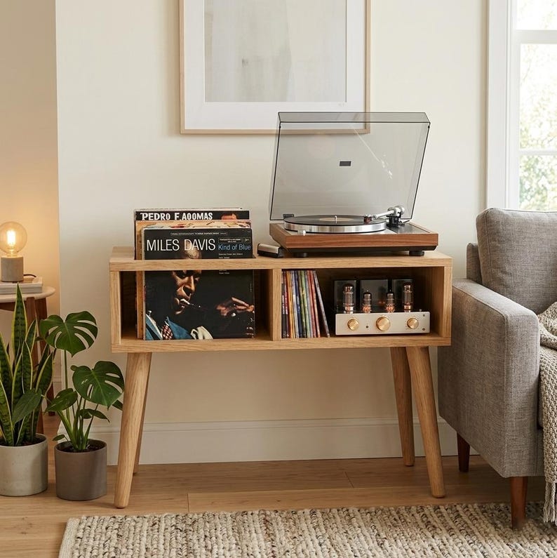 May include: A light oak wood media console with four tapered legs, featuring an open shelf divided into two sections. The top surface holds a record player with a clear lid. The shelves contain vinyl records, including Miles Davis, and an amplifier.