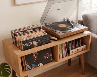 Halverwege de eeuw platenspelerstandaard met vinylopslag, draaitafelstandaard, opbergkast voor LP's, vinylopberger, muziekmeubels