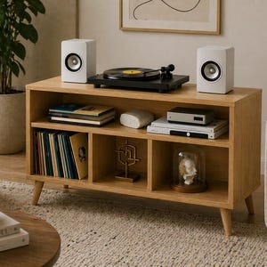 Mid Century Turntable Stand Vinyl Record Storage Cabinet Record Player Console LP Shelf Media Console Music Studio Furniture