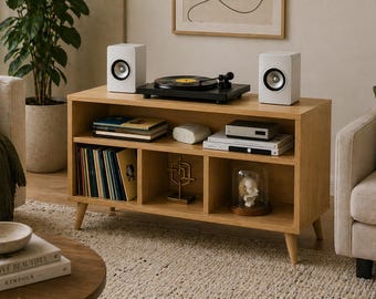 Soporte para tocadiscos de mediados de siglo, mueble para guardar discos de vinilo, consola para tocadiscos, estante para LP, consola multimedia, muebles para estudio de música.