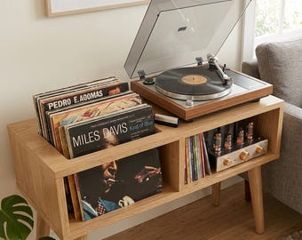 Soporte para tocadiscos de mediados de siglo con almacenamiento de vinilos, mesa para tocadiscos, gabinete para guardar discos LP, organizador de vinilos, mueble para música