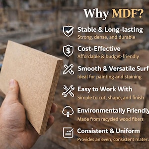 May include: A rectangular piece of light brown MDF board with a visible wood fiber texture. The image includes text titled Why MDF? listing benefits such as Stable & Long-lasting, Cost-Effective, Smooth & Versatile Surface, Easy to Work With, Environmentally Friendly, and Consistent & Uniform.