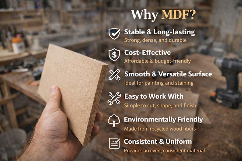 May include: A rectangular piece of light brown MDF board with a visible wood fiber texture. The image includes text titled Why MDF? listing benefits such as Stable & Long-lasting, Cost-Effective, Smooth & Versatile Surface, Easy to Work With, Environmentally Friendly, and Consistent & Uniform.