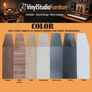May include: A color chart displaying seven distinct finish options for furniture, labeled as Walnut, Light Walnut, Oak, Travertine, Anthracite, Black, and White. Each sample shows the texture and color variation for these specific material finishes.