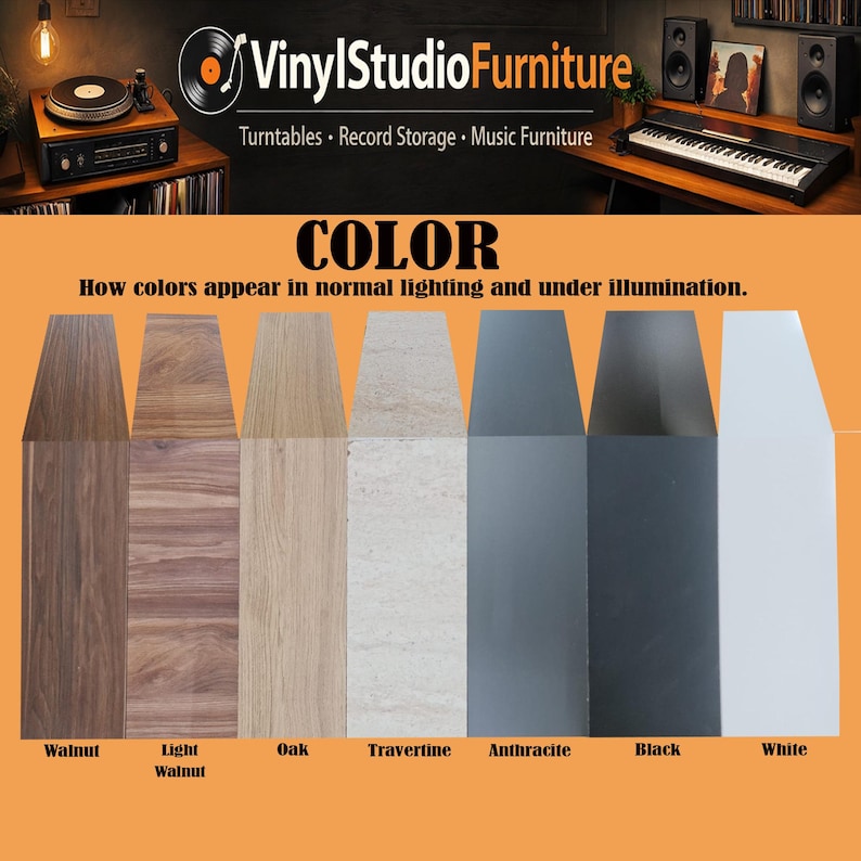 May include: A color chart displaying seven distinct finish options for furniture, labeled as Walnut, Light Walnut, Oak, Travertine, Anthracite, Black, and White. Each sample shows the texture and color variation for these specific material finishes.