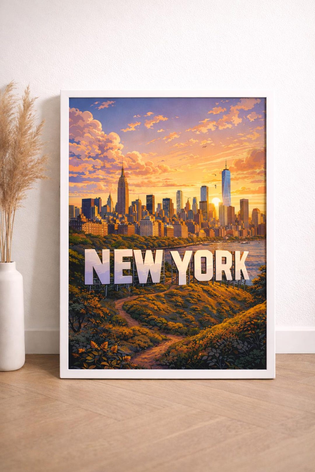 New York City Skyline Wall Art, NYC Sunset Framed Poster Print, Modern ...