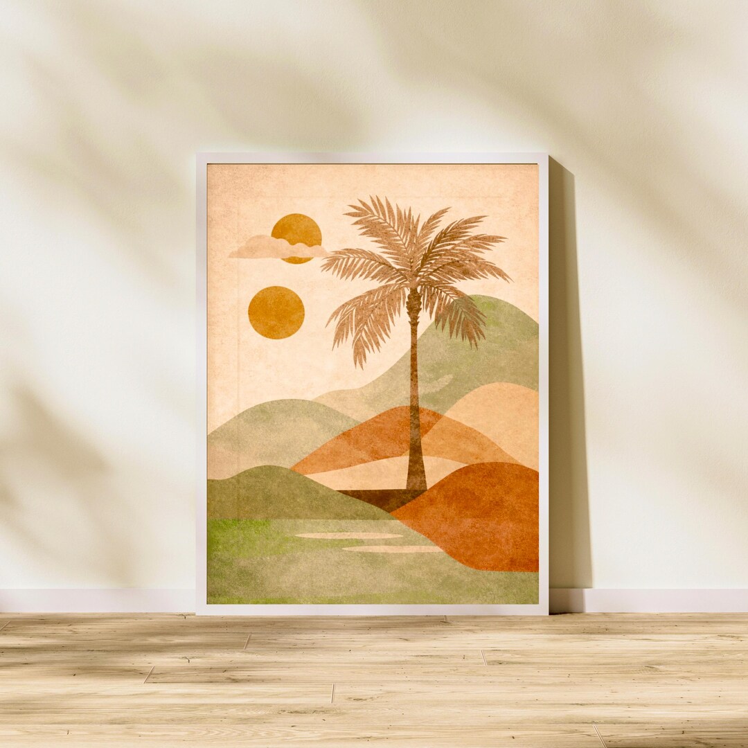 Boho Palm Tree Sunset Wall Art Framed Poster, Desert Landscape Print ...