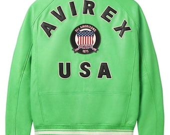 AVIREX USA Green Leather Jacket, Genuine Cowsoft Varsity Style Bomber Coat, Retro Streetwear