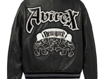 Aviator New York Leather Jacket, Genuine Cowsoft Varsity Style Coat, Gothic Embroidered Streetwear