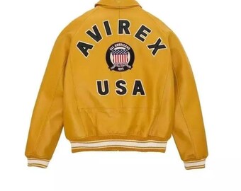 Avirex USA Leather Jacket, Genuine Cowsoft Bomber Leather Coat, Varsity Style Outerwear