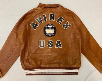 Avirex USA  Leather Bomber Jacket, Genuine Cowsoft Leather Coat, American Streetwear