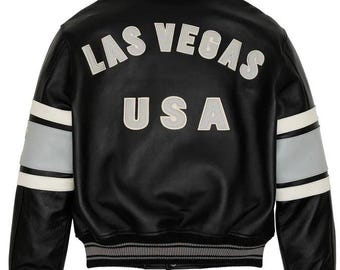 Avirex Las Vegas USA Leather Bomber Jacket, Genuine Cowsoft Leather Coat, Streetwear Statement Outerwear