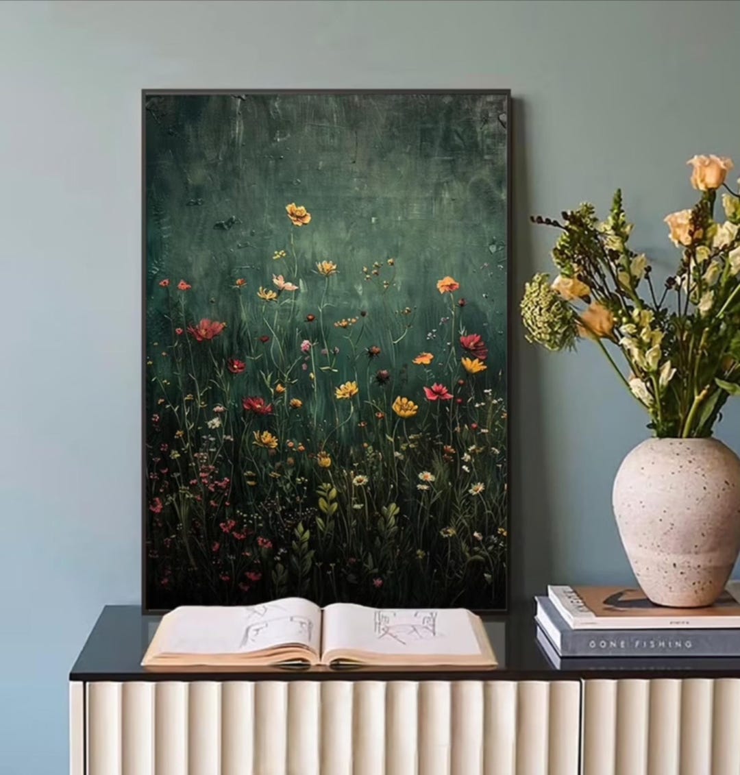 Chic Wildflower Field Canvas Art Print - Vintage Botanical Landscape ...