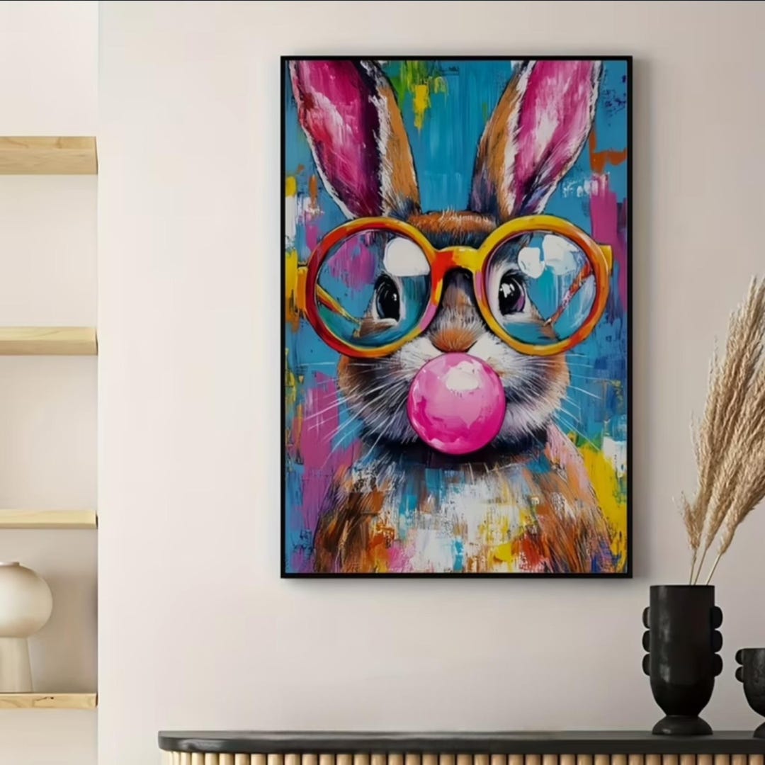Rabbit Lively Lively Rabbit With Glasses & Lollipop Design, 2D Flat, Frameless Canvas ...