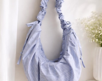 Bolso hobo coreano suave con pliegues y diseño de dumpling - Bolso de hombro de algodón a rayas para mujer