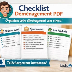 Puede incluir: Una lista de verificación digital para mudanzas, titulada "Checklist Déménagement PDF", con un personaje de dibujos animados con auriculares. La lista de verificación está dividida en secciones: "30 días antes", "7 días antes" y "Día J & Después".
