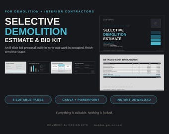 Modelo de Orçamento de Demolição, Canva Editável (com tabela e gráfico) + PowerPoint, Planilha de Proposta para Empreiteiros com 7 Páginas, Download Imediato