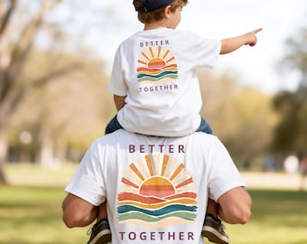 T-shirt assorti « Mieux ensemble au coucher du soleil », T-shirt rétro paysage papa-fils, Tenue assortie pour toute la famille, Cadeau mini-moi pour la fête des pères