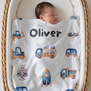 Personalized Transportation Baby Blanket with Name, Trucks Cars Rocket Nursery Swaddle, Newborn Boy Gift, Custom Vehicle Baby Keepsake Gift
