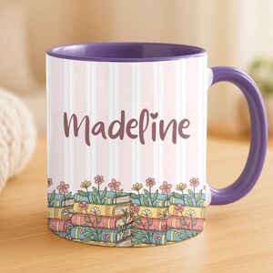 Personalised Vintage Bookshelf Library Pottery Mug, Floral Bookish Gifts For Reader, Custom Reading Coffee Cup, Book Lover Birthday Gift