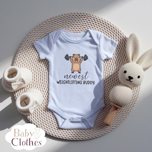 newest weightlifting buddy baby bodysuit, cute weightlifting baby outfit, baby announcement, newborn baby gift, daddys weightlifting