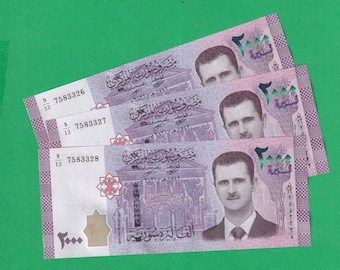 Syria 2000 Pounds x3 UNC sequence consecutive numbers banknotes