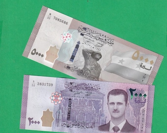 Syria set 2000 & 5000 Pounds UNC sequence consecutive numbers banknotes