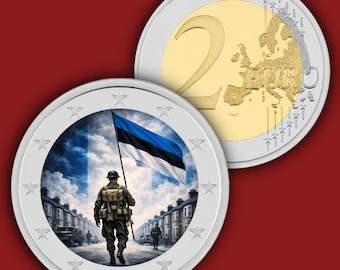 May include: A two-euro coin featuring a gold and silver design with a map of Europe on one side and a detailed illustration of a soldier in uniform holding an Estonian flag on the other, surrounded by a ring of stars on a dark red background.