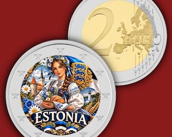 May include: A two-euro coin featuring a bimetallic design with a gold-coloured centre and silver-coloured outer ring. One side displays a map of Europe, while the other side depicts a person in traditional clothing, a lighthouse, and the text ESTONIA.