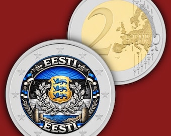EESTI Estonia Custom Euro Coin  – Flag & Coat of Arms Souvenir Design (2 Euro Coloured Unc Coin)