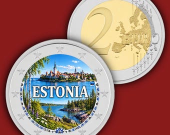 May include: A two-euro coin featuring a gold and silver bimetallic design. One side displays the standard European map and the number 2. The other side shows a colourful landscape of Estonia with the text ESTONIA, surrounded by twelve stars.