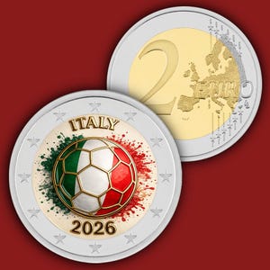May include: A two-euro coin featuring a soccer ball graphic colored with the green, white, and red of the Italian flag, surrounded by paint splatters. The text ITALY and 2026 are printed above and below the ball. The coin has a silver outer ring.