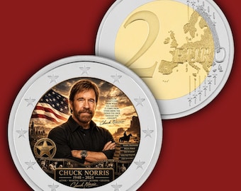 May include: A commemorative two-euro coin featuring a portrait of Chuck Norris with a Texas Ranger badge, an American flag, and a desert landscape. The text includes his name, dates 1940-2024, and a quote about strength. The coin has a silver outer ring.