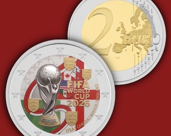 Moneta da collezione da 2 euro colorata, non circolata, dei Mondiali di calcio 2026.