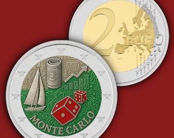 May include: Two Euro coins. One coin shows a gold number 2 and a map of Europe. The other coin has a sailboat, dice, and the words "MONTE CARLO" in a green circle. The coin also has a silver border and stars.