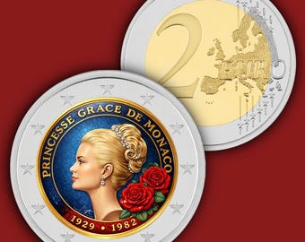 May include: A commemorative 2 euro coin featuring a profile portrait of Princess Grace of Monaco with blonde hair, a tiara, and red roses. The text reads PRINCESSE GRACE DE MONACO 1929 1982. The coin has a silver outer ring and a gold-coloured centre.