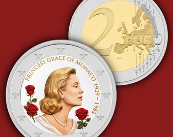 May include: A commemorative two-euro coin featuring a profile portrait of Princess Grace of Monaco with three red roses. The text reads PRINCESS GRACE OF MONACO 1929-1982. The reverse side shows the standard European map design with the number 2 EURO.
