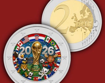 May include: A commemorative two-euro coin featuring the FIFA World Cup trophy in the centre, flanked by the year 2026, cartoon mascots, and a border of international flags. The reverse side displays the standard two-euro map and denomination.
