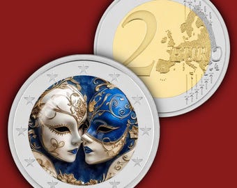 May include: A two-euro coin featuring a detailed design of two ornate Venetian masks, one white and one blue, both decorated with gold filigree patterns. The coin has a silver outer ring with six stars and a gold-coloured centre with the number 2.